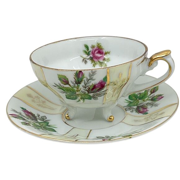 Vintage Pink Rose Tea Cup and Saucer 3 Footed Geometric‎ Lusterware Gold Trim - Picture 3 of 9